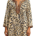 Carole Little Linen Blend Animal Print Tunic Plus Size 2X Sequin‎ Side Slit Boho Tan Photo 0