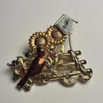 Cardinal Red Bird With Sunflowers & Birdhouse Gold Tone Enamel Brooch Pin Photo 2