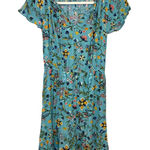 Canyon Retreat Turquoise Floral Midi Dress Boho Split Neck Flutter Sleeve XXS Blue Photo 0