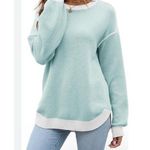 ETCYY NWT Blue White Trim Long Balloon Sleeve Waffle Knit Plush Sweater Size M Size M Photo 0