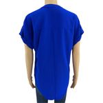 Moa Moa  MEDIUM Blue Split V Neck Rolled Cuff Short Sleeve High Low Blouse Top Photo 3
