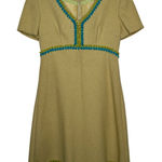 American Vintage OOAK Vintage 60s mod tweed yellow dress, blue green trim fringe hem Medium Photo 0