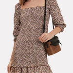 Faithfull the Brand  Es Saada Brown and Pink Floral Shirred Puff Sleeve Dress Photo 0