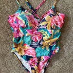 Kona Sol  Pink and Yellow One Piece Swimsuit Vibrant Floral Design Photo 0