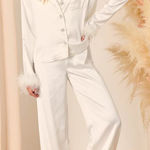 Lulus  Dreamiest Delight White Satin Feather Two-Piece Pajama Set Size S Photo 0