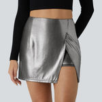 Halara NWT  SoftlyZero Faux Leather High Waisted Shiny Black Silver Skirt Size M Photo 0