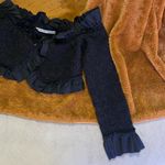 Alexander Wang Black Off the Shoulder Crop Ruffled Stretch-Seersucker Cardigan Photo 8
