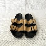 MNG Mango Black Tan Double Buckle Slide Suede Strap Sandals 37 Size 6 Photo 2