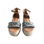 SAM and Libby Wedge Espadrille Sandals Denim Logo Buckle Tan Straps Size 6 Blue Photo 3