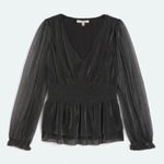 Le Serein Calais Smocked Mesh Long Sleeve Top Shirt Blouse Metallic Small NWT Gray Photo 0