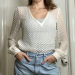 Beyond Vintage Swiss Dot V-Neck Long Sleeve Sheer Silk Top in White - Small Photo 2