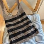Vintage Boho Black and Taupe Tan Striped Crochet Woven Shoulder Crossbody Bag Photo 0