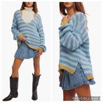 Free People  Striped Portland Pullover Sweater Blue Lake Combo S Photo 2