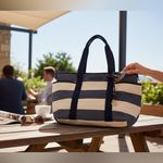 Tommy Hilfiger  Navy and Beige Striped Fabric Photo 1