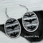 JEWELED ART Grungy Bat Oval Earrings Hand Painted Wood Gray Photo 2