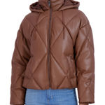 Sebby  Collection Faux Leather Short Puffer Jacket In Toffee Size L Photo 0