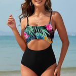 Pink Queen Women's One Piece Swimsuit Spaghetti Strap Floral Black Monokini L Size L Photo 0