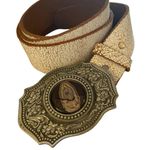 Y2K Great American Pewter Virgin Mary Buckle & white crackle leather Belt Silver Photo 0