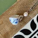 Handmade porcelain tea cup & freshwater pearl unique fun fairy antique style necklace🫖🍃🌀 Photo 7