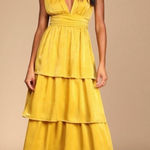 Lulus  Peak Party Vibe Satin Tiered Tie-Back Midi Dress NWT Gold XS Photo 0