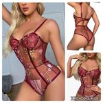 Boutique NEW IN PACKAGE! Wine velvet, sheer, embroidered, under wire body suit Photo 1