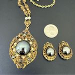Vintage West Germany Signed Hematite Gold Filigree Necklace & Clip Earrings Set Black Photo 4