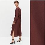 Massimo Dutti Brown Satin Faux Wrap Dolman Sleeve Side Slits Midi Dress Size M Photo 2