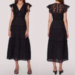 Lost + Wander  Madonna Blossom Flutter Sleeve Organza Midi Dress XS Black Photo 1