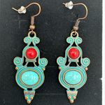 New Teal and Red Romanesque Scroll Design Fashion Dangle Earrings Blue Photo 2