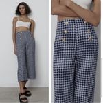 ZARA Houndstooth Buttoned Culottes Pants Size Small Blue Wide Leg Trousers Photo 2