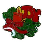 Christmas Holiday Enamel Pin Brooch Joy Candle Holly Bow Vintage Photo 0