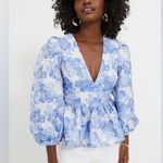 Tuckernuck  Eleanor Blouse XXS NWT Blue Jacquard Puff Sleeve Peplum Top Floral Photo 7