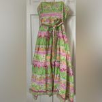 Lilly Pulitzer  Strapless Floral monkey Cotton Midi Dress Pink Green Size 6 Photo 1