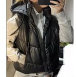 ZARA  Faux Leather Full Zip-Up Black Hooded Puffer Gilet Jacket Women's Size XS Photo 3