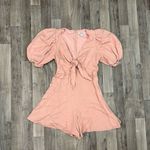 EXPRESS  Linen-Blend Tie Front Puff Sleeve Romper salmon pink Photo 2
