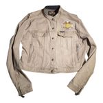 Vtg 1990s Harley Davidson Beige Denim Owners Group Flames Patch Biker Jacket L Tan Size L Photo 0