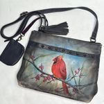 Anuschka  Medium Crossbody Cardinal Bird Double Zip Pocket Painted Signed Artwork Photo 1
