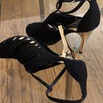 ZARA Black Suede Heels with Gold Chrome Heel size 37 4” heel height Photo 1