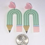 Green Pink Pencil Boho Dangling Fun Funky Retro Earrings Photo 1