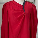 Vintage 80s Chaus Red Blouse Dark Grey Trim Asymmetrical Neck L Size L Photo 0