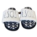 Rae Dunn Black and White “BESIS” Kisses Fuzzy Slippers NEW Size SMALL Photo 0