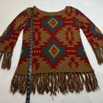 Women's Crewneck Aztec Southwestern Print Sweater w/ Fringe Size Small Colorful Brown Photo 5