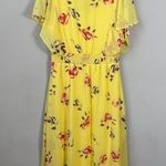 DKNY  Shirred Floral Print Crepon Midi Dress Womens 14 Yellow Flutter Sleeve Chic Photo 10