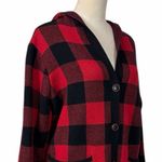 Denim & Co. Women’s Large Petite Red Black Buffalo Plaid Hooded Cardigan Sweater Size undefined Photo 7