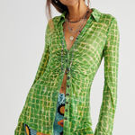 Free People  Lucky Shirtee Green Window Pane Long Sleeve Button Up Shirt Top Sz M Photo 0