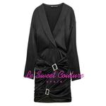 ZARA NEW  JEWEL‎ TRIM SATIN EFFECT DRESS BLACK LONG SLEEVE V NECK BUCKLE Photo 3