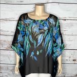 Susan Graver Size 3X Black - Blue & Green Feather Print Poncho Scarf Blouse Top Photo 1
