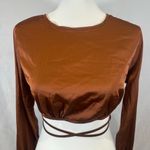 Sans Souci fluid satin cognac brown long sleeve tie wrap crop top size small Photo 4