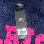 EXPRESS NWT  Navy Blue  “PARIS” Sweater Pink Fuzzy Letters Cozy Knit Pullover L Photo 7