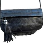 Vintage Crossbody Black Leather Bag Purse Floral Embossed Leather with Tassel Photo 0